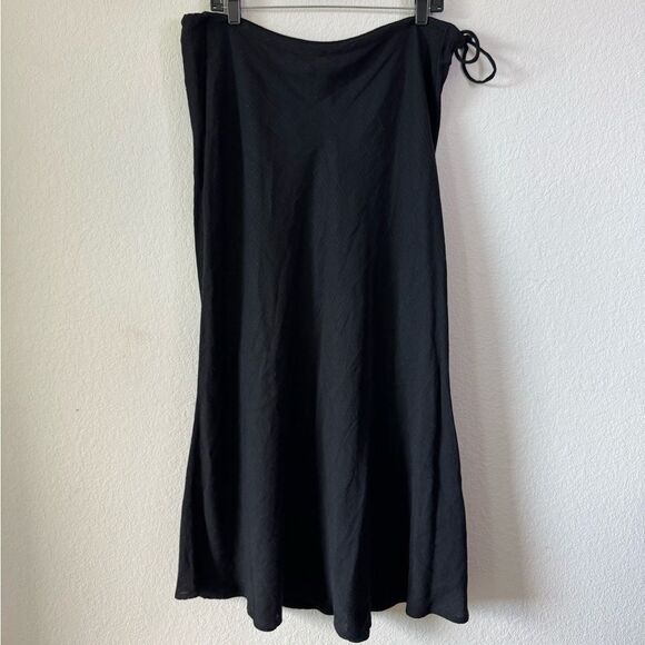 EILEEN FISHER Black Midi Skirt Linen Blend Drawstring Waist M Lagenlook Peasant - Picture 1 of 5